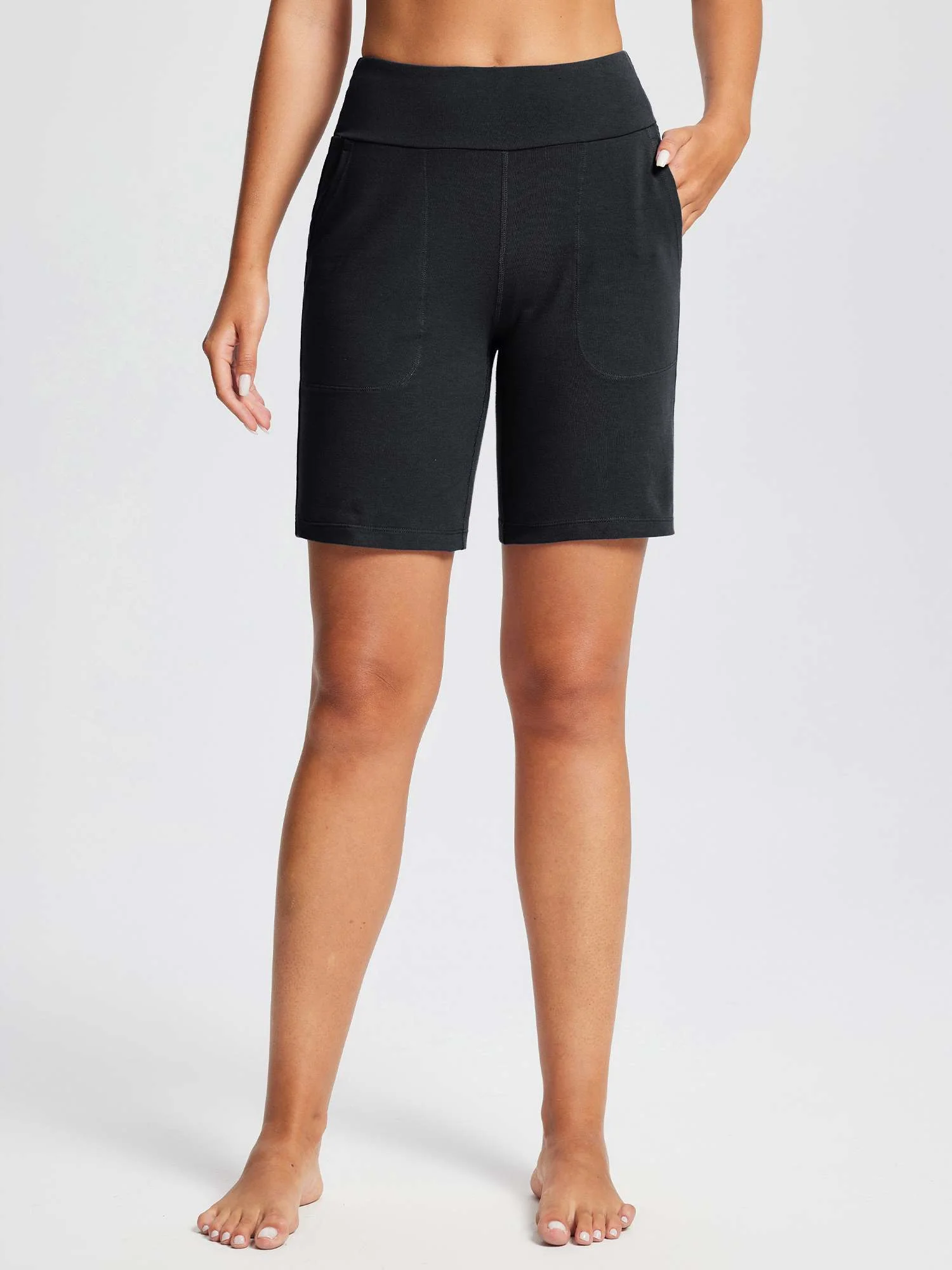 8" Yoga Knit Waistband Straight Leg Knee Shorts - Image 28